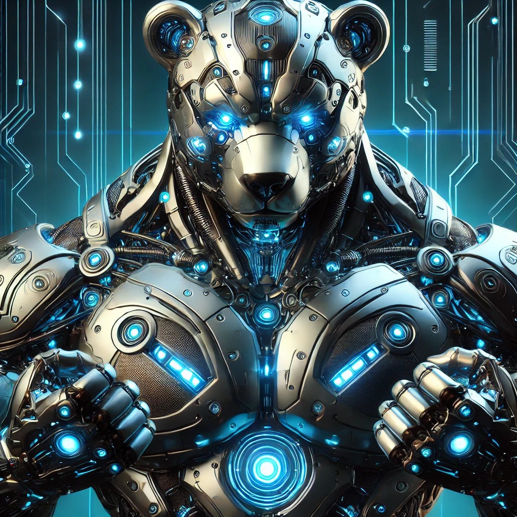 A futuristic AI-powered bear with a highly metallic head, a sleek cybernetic body, glowing blue cybernetic eyes, and intricate circuits running along its muscular frame. The bear is in a powerful stance, with energy pulsating from its claws, set in a high-tech, neon-lit cyberpunk environment. The head should appear more robotic and reflective, emphasizing the AI and mechanical elements.
