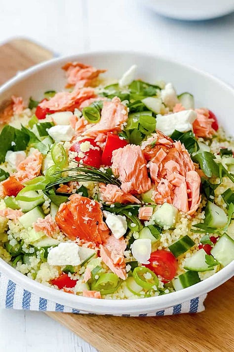 Six dinner salad recipes including Asian coleslaw, Caesar salad with chicken, salmon salad, Southwest chicken salad and a quick taco salad.