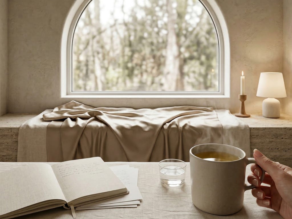 Soft neutral reading nook with a large arched window and blurred trees outside. A travertine window seat is draped in matte champagne satin; in the foreground a linen-covered table holds an open cream journal, loose pages, a small glass of water, and a large ceramic mug of pale amber herbal tea with gentle steam, held in a delicate hand. A single candle and small table lamp glow on the right, creating a calm, slow-living atmosphere that feels safe and contained.