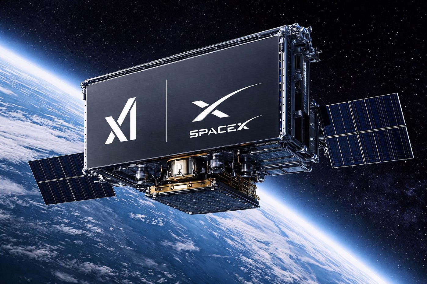 xAI ve SpaceX ortaklığıyla geliştirilen uzay tabanlı yapay zekâ veri merkezini (AI1 uydusu) temsil eden dijital bir illüstrasyondur — Mahmud Senih Çorbalı