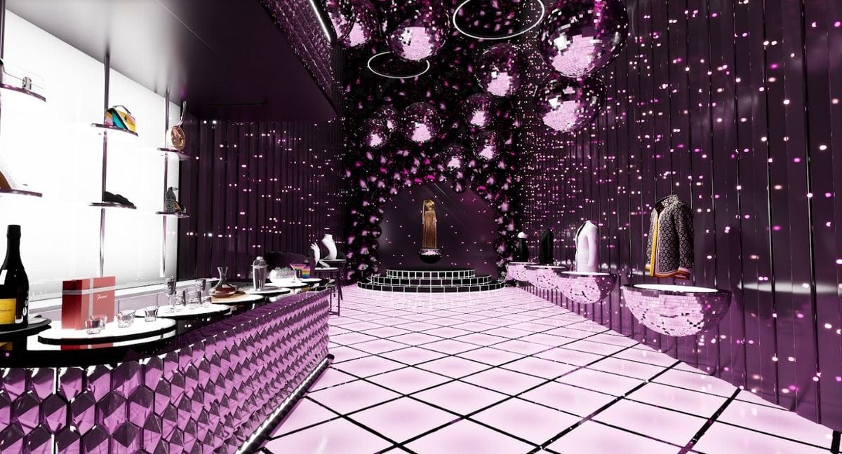 A rendering of Bloomingdale's virtual store. Sparkly lights are all around. Shelves on the left and right are full of virtual products.