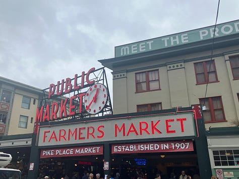 Pikes Market, fish, flowers, pig, and Puget Sound