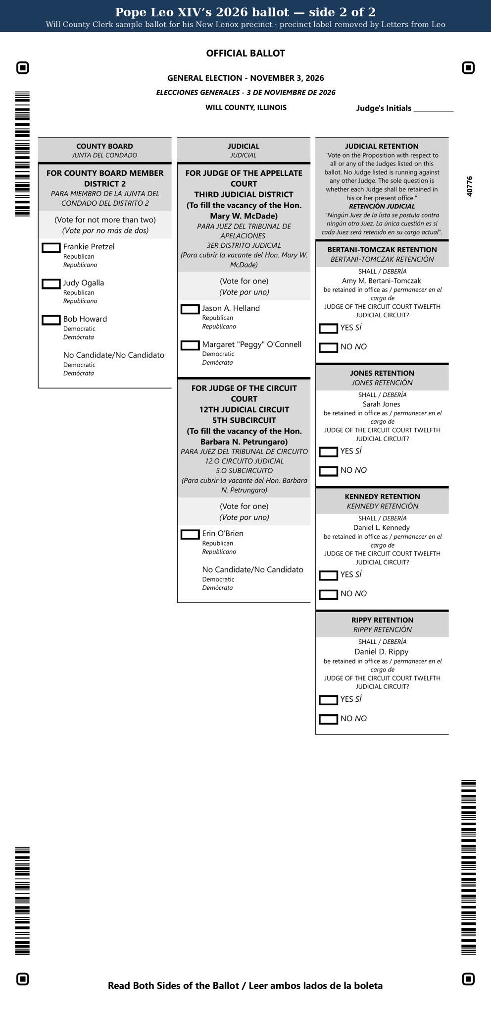 Back of Pope Leo XIV’s 2026 Will County sample ballot