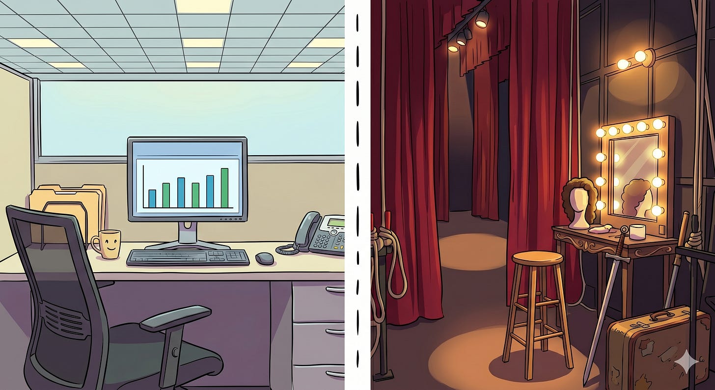 A split-screen cartoon illustration depicting the contrast between a corporate desk job and a theater backstage environment, separated down the middle by a dashed vertical line. On the left side, a sterile office cubicle features a modern desk, an ergonomic mesh office chair, a telephone, manila folders, a smiling coffee mug, and a computer screen displaying a green bar chart. On the right side, a moody backstage theater space is filled with heavy red curtains, warm spotlights illuminating the floor, a wooden stool, a vintage suitcase, a prop sword resting against a vanity table, a wig on a mannequin head, and a mirror lined with glowing vanity lightbulbs. The entire image is rendered in a clean, graphic comic book style with bold outlines. A split-screen cartoon illustration depicting the contrast between a corporate desk job and a theater backstage environment, separated down the middle by a dashed vertical line. On the left side, a sterile office cubicle features a modern desk, an ergonomic mesh office chair, a telephone, manila folders, a smiling coffee mug, and a computer screen displaying a green bar chart. On the right side, a moody backstage theater space is filled with heavy red curtains, warm spotlights illuminating the floor, a wooden stool, a vintage suitcase, a prop sword resting against a vanity table, a wig on a mannequin head, and a mirror lined with glowing vanity lightbulbs. The entire image is rendered in a clean, graphic comic book style with bold outlines.