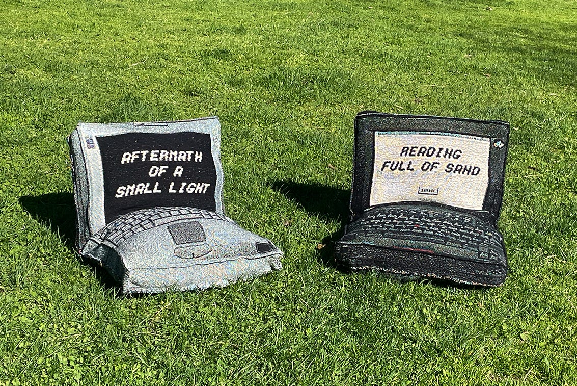 image of two plushie laptops in the grass on a sunny day. One says on the screen, AFTERMATH OF A SMALL LIGHT, the other says READING FULL OF SAND image of two plushie laptops in the grass on a sunny day. One says on the screen, AFTERMATH OF A SMALL LIGHT, the other says READING FULL OF SAND