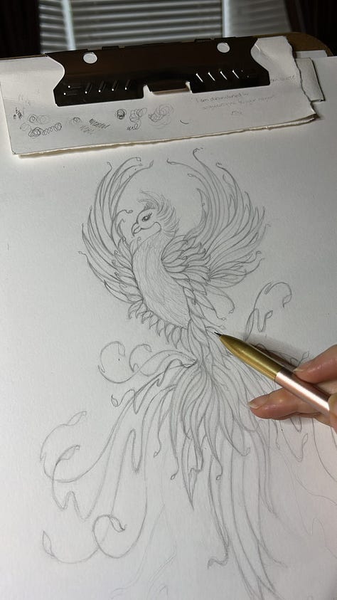 Phoenix illustration pen and ink drawing work in progress by Georgie St Clair