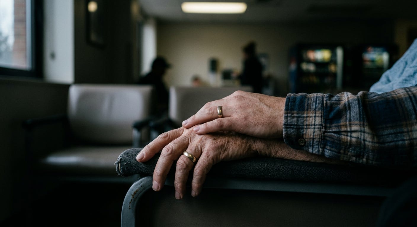 A close-up photograph capturing two hands clasped gently together in a dimly lit hospital waiting room at twilight, focusing sharply on the textures of the skin and a simple wedding band