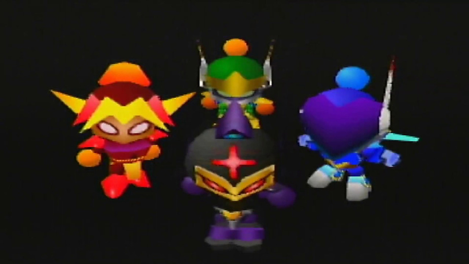 Four colorful cartoon characters in outfits on a black background, featuring red, purple, green, and blue suits with futuristic designs.