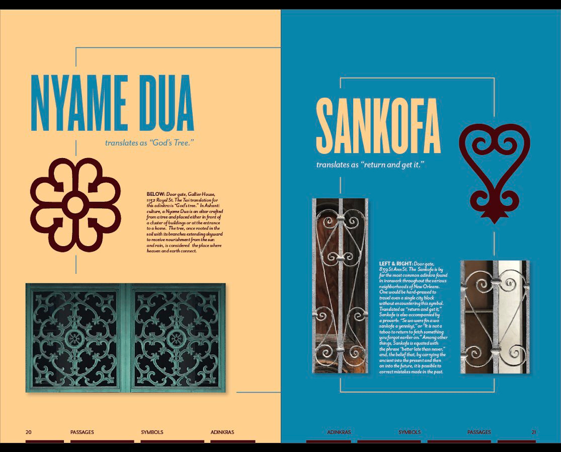 Infographic showing the adinkra symbols for nyame dua "God's tree" and sankofa ("come back and get it"). Images of the symbols are accompanied by images of ironwork that bears those symbols. Infographic showing the adinkra symbols for nyame dua "God's tree" and sankofa ("come back and get it"). Images of the symbols are accompanied by images of ironwork that bears those symbols.