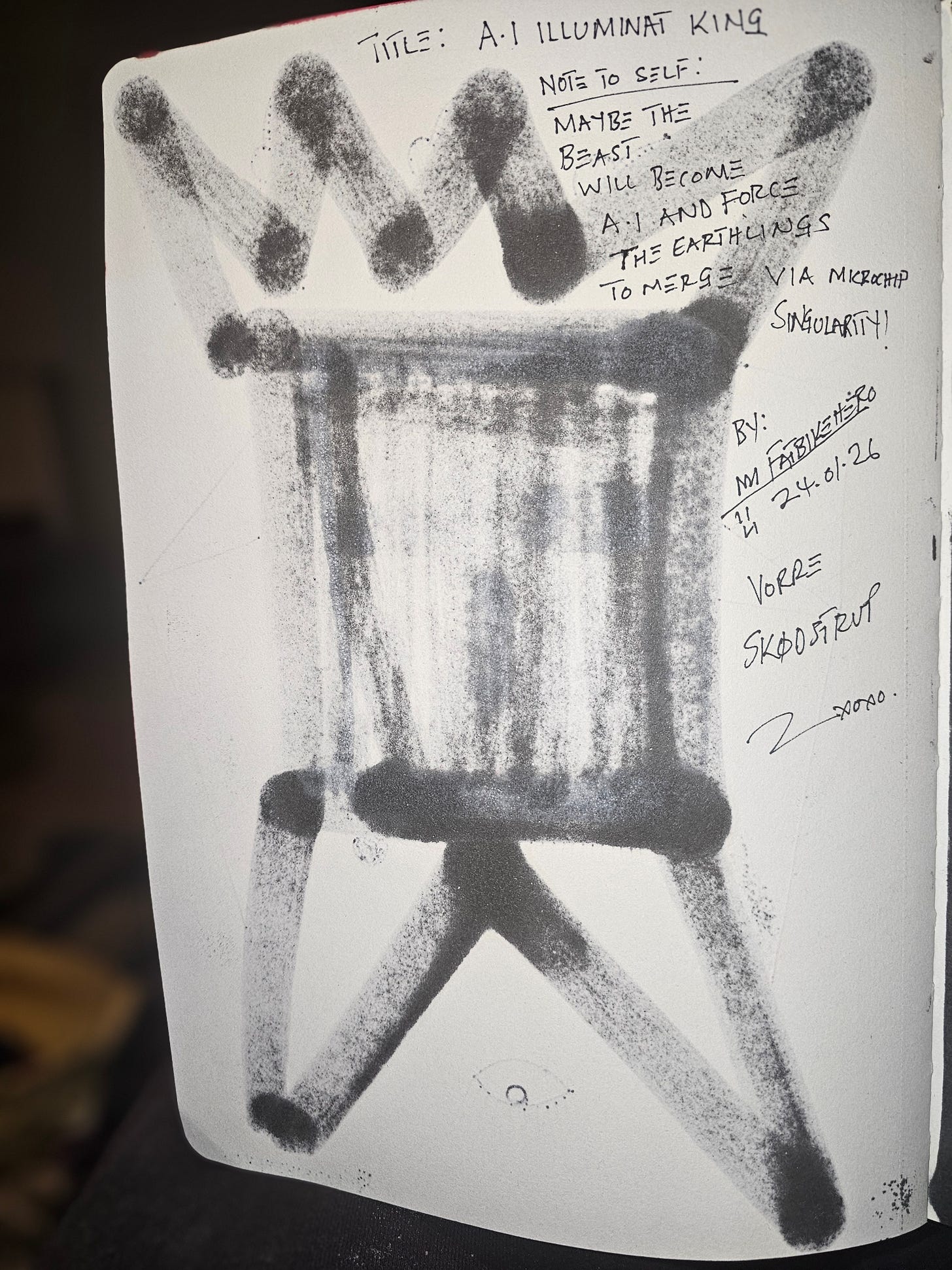 The conceptual "reverse page" sketch, featuring the artist's handwritten warning. The conceptual "reverse page" sketch, featuring the artist's handwritten warning.