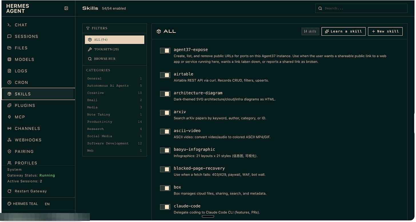 Hermes Skills dashboard with enabled skills, category filters, Browse Hub, Learn a skill, and New skill controls Hermes Skills dashboard with enabled skills, category filters, Browse Hub, Learn a skill, and New skill controls