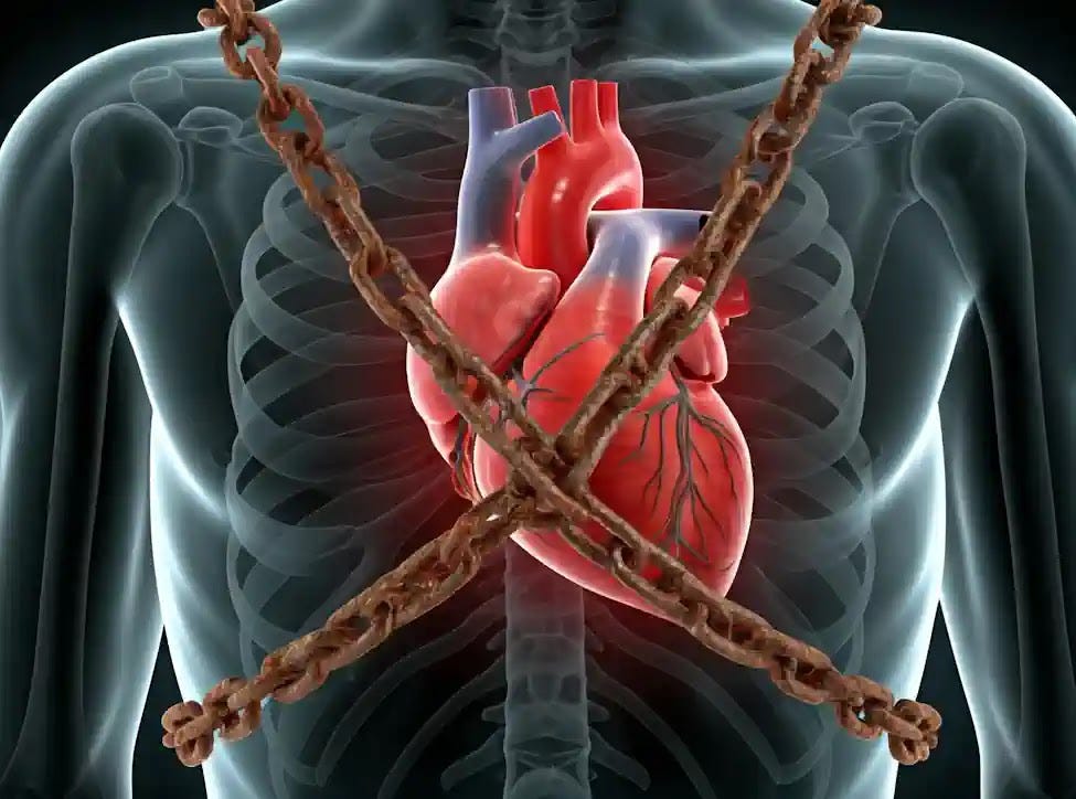 An AI detailed view of a man's heart that is encased in chains symbolizing metal in the heart