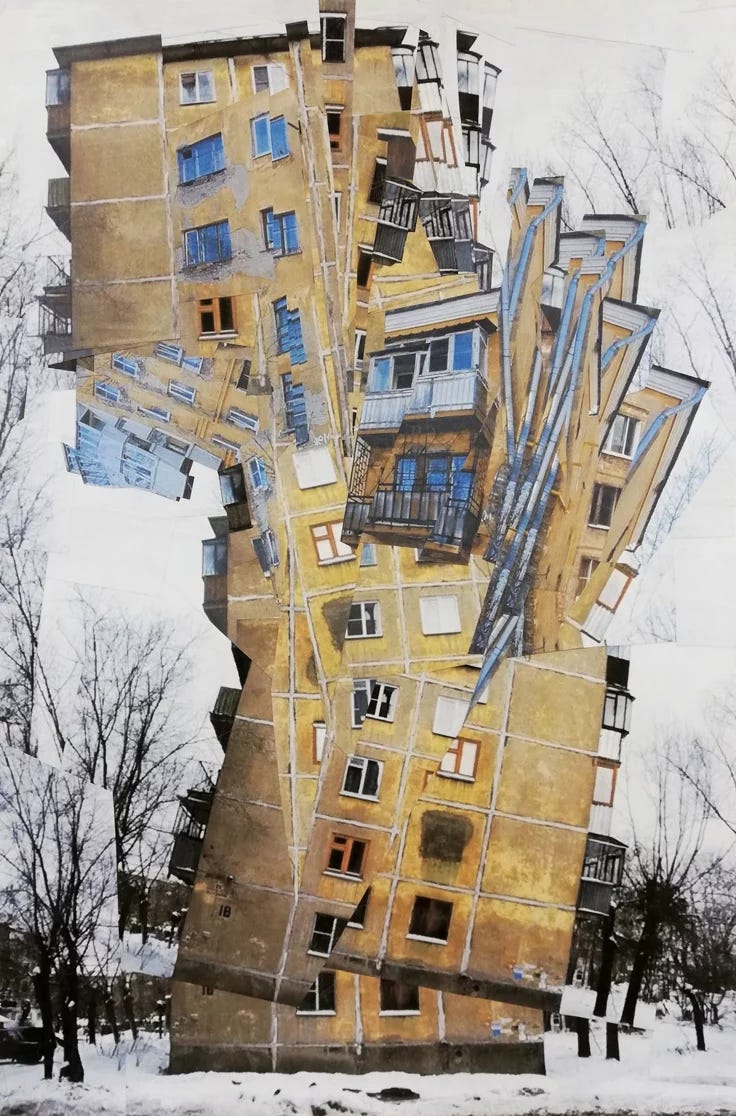 This may contain: an abstract painting with multiple buildings and trees in the foreground, on top of snow - covered ground This may contain: an abstract painting with multiple buildings and trees in the foreground, on top of snow - covered ground