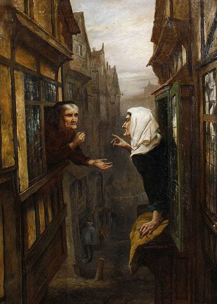 This may contain: a painting of two people standing in an alley with one person reaching out the window This may contain: a painting of two people standing in an alley with one person reaching out the window