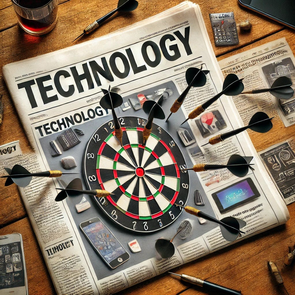 An image depicting several darts embedded in the 'Technology' section of a newspaper. The newspaper is spread out on a wooden table, with the 'Technology' headline clearly visible, surrounded by articles and images of various gadgets and tech-related news. The darts are stuck firmly in the paper, some piercing through images of smartphones, computers, and other electronic devices, symbolizing criticism or targeting of the tech industry. The setting is simple and rustic, emphasizing the contrast between the modernity of technology and the act of throwing darts at it.