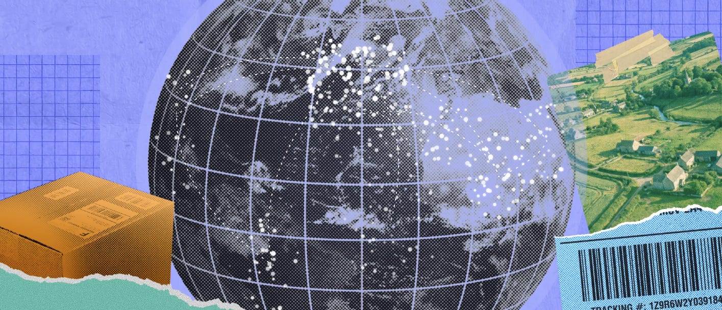 Article section titled “Entrepreneurship has no zip code,” with a collage-style image of a globe, shipping box, rural landscape, and  barcode label. Below, body text explains that founders no longer need to be in major city centers to build successful businesses.