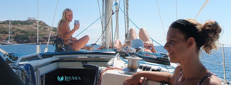 Me, from the first night ever onboard during my first 6 sailing days, to the first sea sailing course in Greece, to the first Water Whispering retreat 