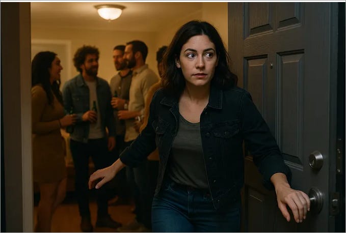 Woman sneaking away from party as an introvert Woman sneaking away from party as an introvert