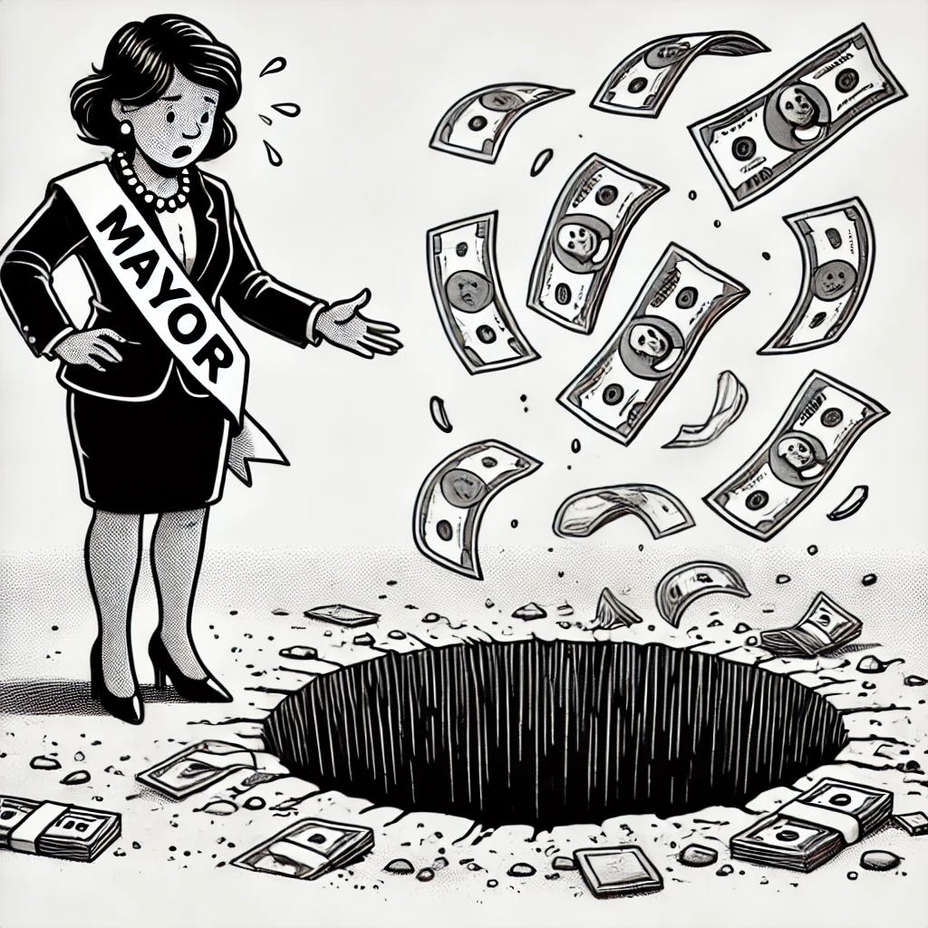 A black and white cartoon illustration of a female mayor standing next to a large hole in the ground, looking worried. The mayor is wearing a professional outfit with a sash that says 'Mayor'. Money in the form of bills is flying out of the hole into the air, symbolizing waste or loss. The scene is drawn in a humorous, exaggerated cartoon style with clear, bold lines and simple shading.