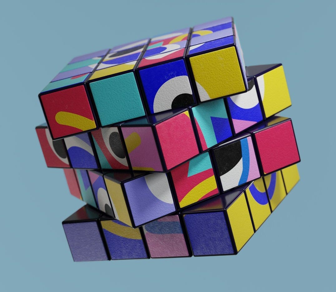 a multicolored cube is flying in the sky