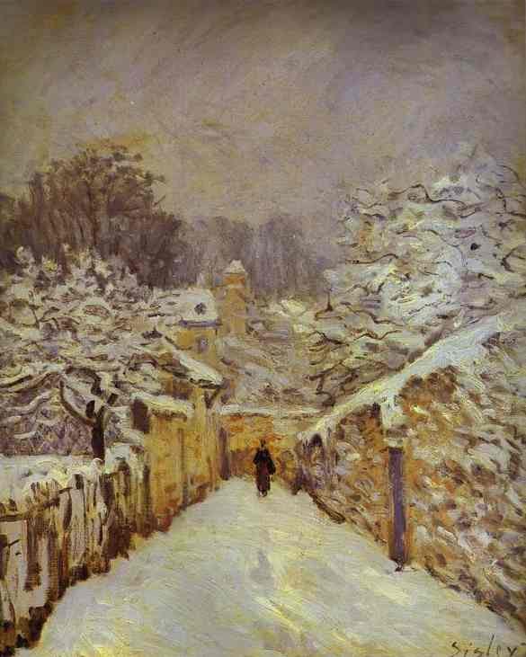 A quiet snow covered village lane with a single figure under an umbrella between walls and bare trees A quiet snow covered village lane with a single figure under an umbrella between walls and bare trees