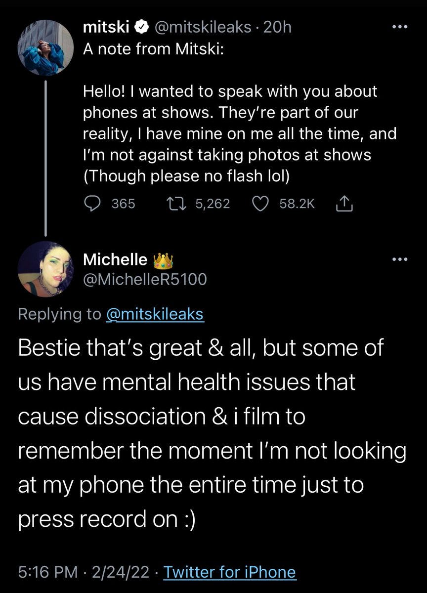 geronimk on Twitter: "@entmoots The tweets been deleted so I thought mitski was literally asking people to leave their phones at the door from how People were reacting... she's just asking for geronimk on Twitter: "@entmoots The tweets been deleted so I thought mitski was literally asking people to leave their phones at the door from how People were reacting... she's just asking for