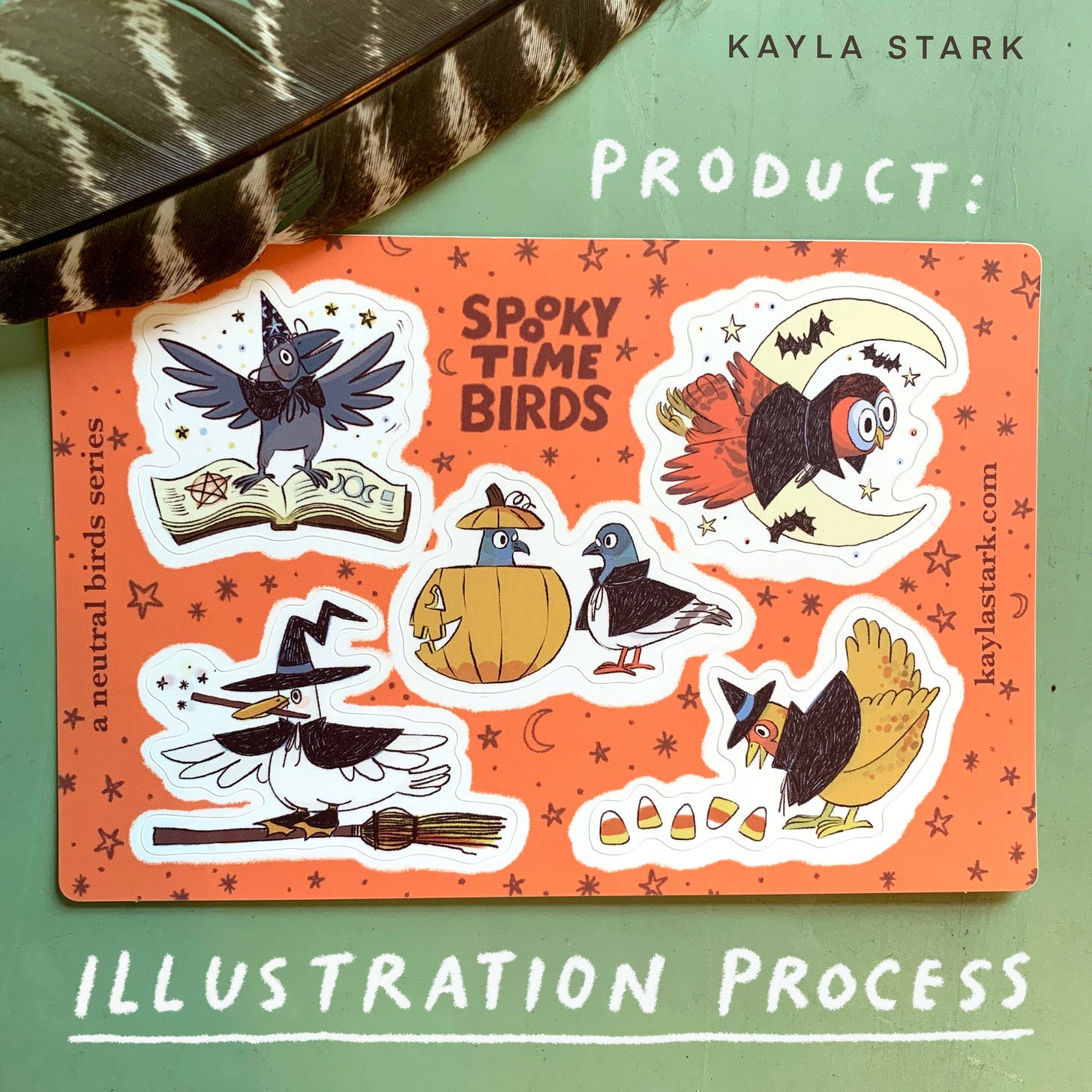 finished printed sticker sheet, halloween birds, spooky time birds, illustration process, stickers, sticker sheet, kayla stark