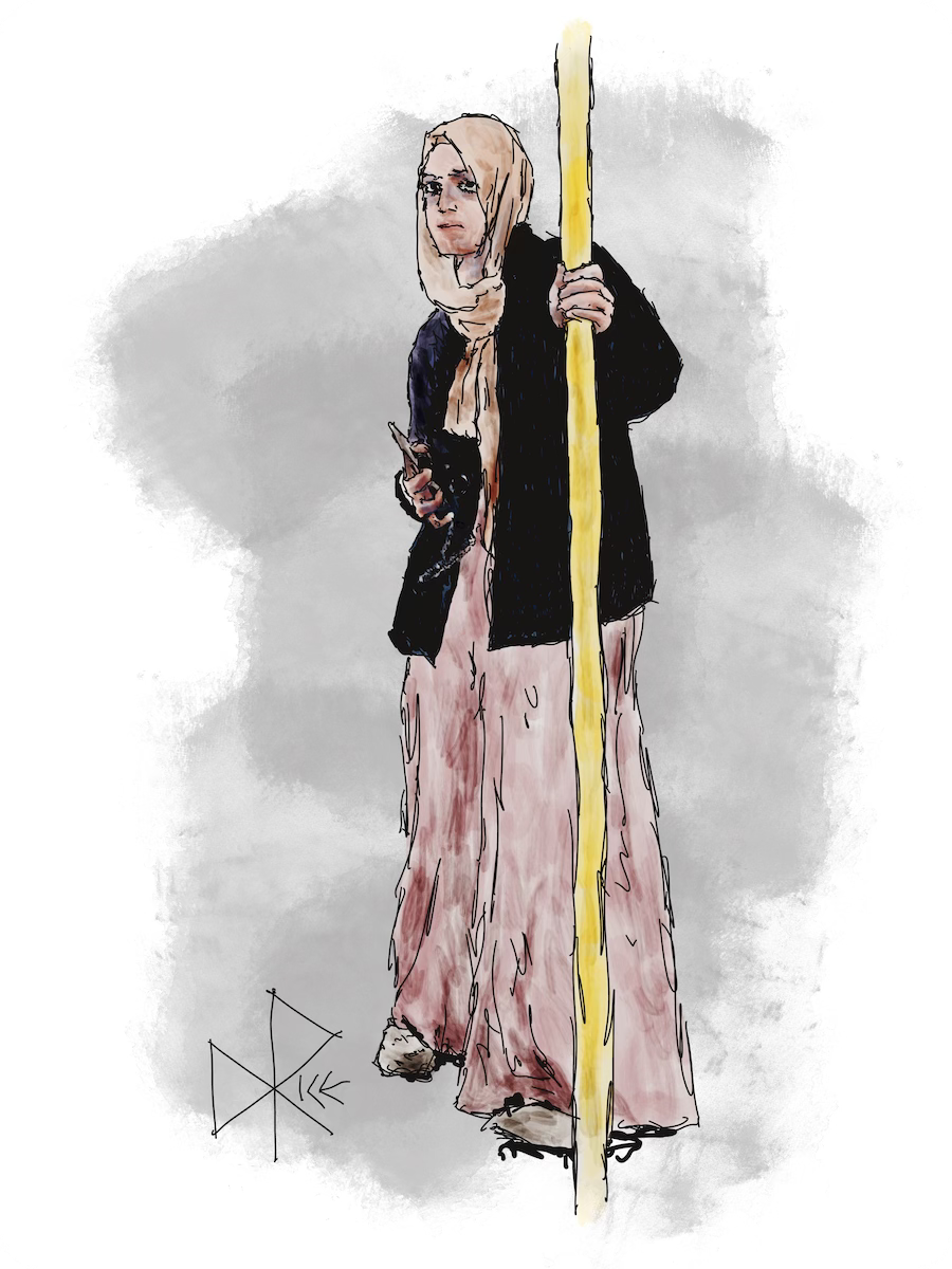 As a standing passenger, a young woman in a hijab shuffles her feet as she holds on to the stanchion while riding on a full bus. Sketch art by Don Rice. As a standing passenger, a young woman in a hijab shuffles her feet as she holds on to the stanchion while riding on a full bus. Sketch art by Don Rice.