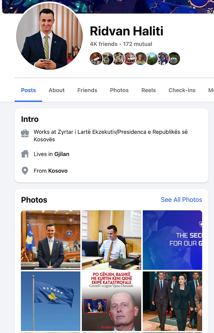 Ridvan Haliti, profili i tij në facebook, dhe fotografitë e tij me Presidenten e Republikës së Kosovës znj Vjosa Osmani.