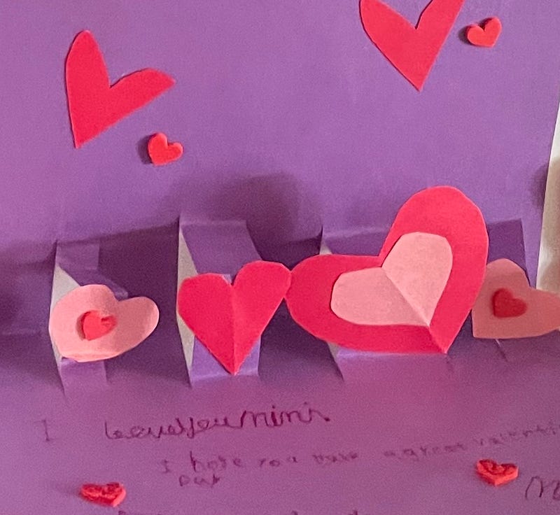 Homemade pop up Valentine’s Day card. Stephanie Stephenson. Memoir.