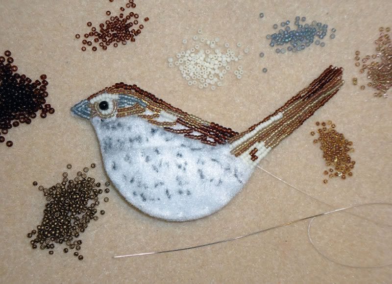 bead embroidery beadwork song sparrow bird Audubon Society mixed media painting bead embroidery beadwork song sparrow bird Audubon Society mixed media painting