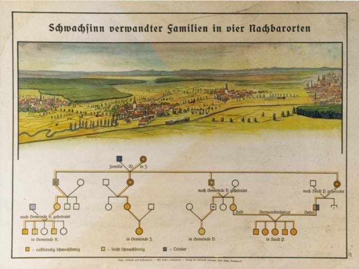 Nazi eugenics poster entitled "Feeble-mindedness in related families in four neighboring towns." Germany, 1935.