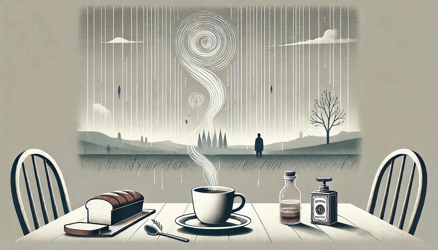 Minimalist illustration of a terrace scene on a rainy morning. A single coffee cup sits on a table beside a loaf of bread and a vintage aftershave bottle. Light mist rises from the ground, forming faint silhouettes of a mother, father, and child in the background. A distant forest is barely visible through the fog. The color palette is soft and muted, with gentle grays, browns, and greens, evoking a nostalgic and reflective mood.