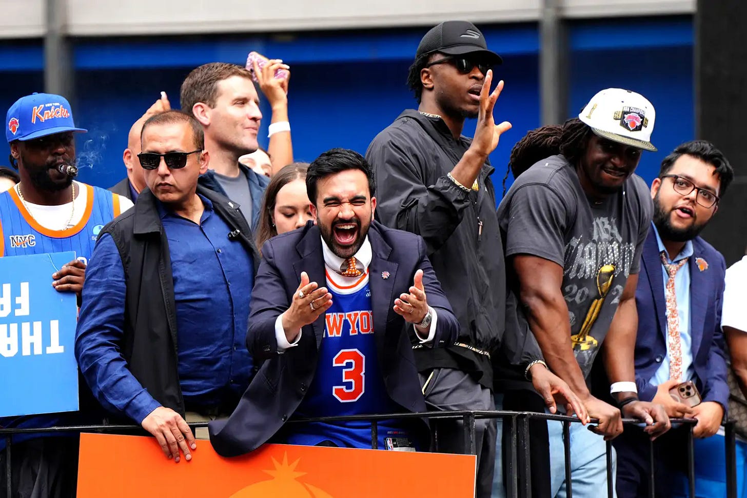 Zohran Mamdani, New York City Mayor and OG Anunoby of the New York Knicks are seen on a float during the New York Knicks Championship ticker tape parade and victory rally celebrating winning the 2026 NBA Finals on June 18, 2026 in New York City.