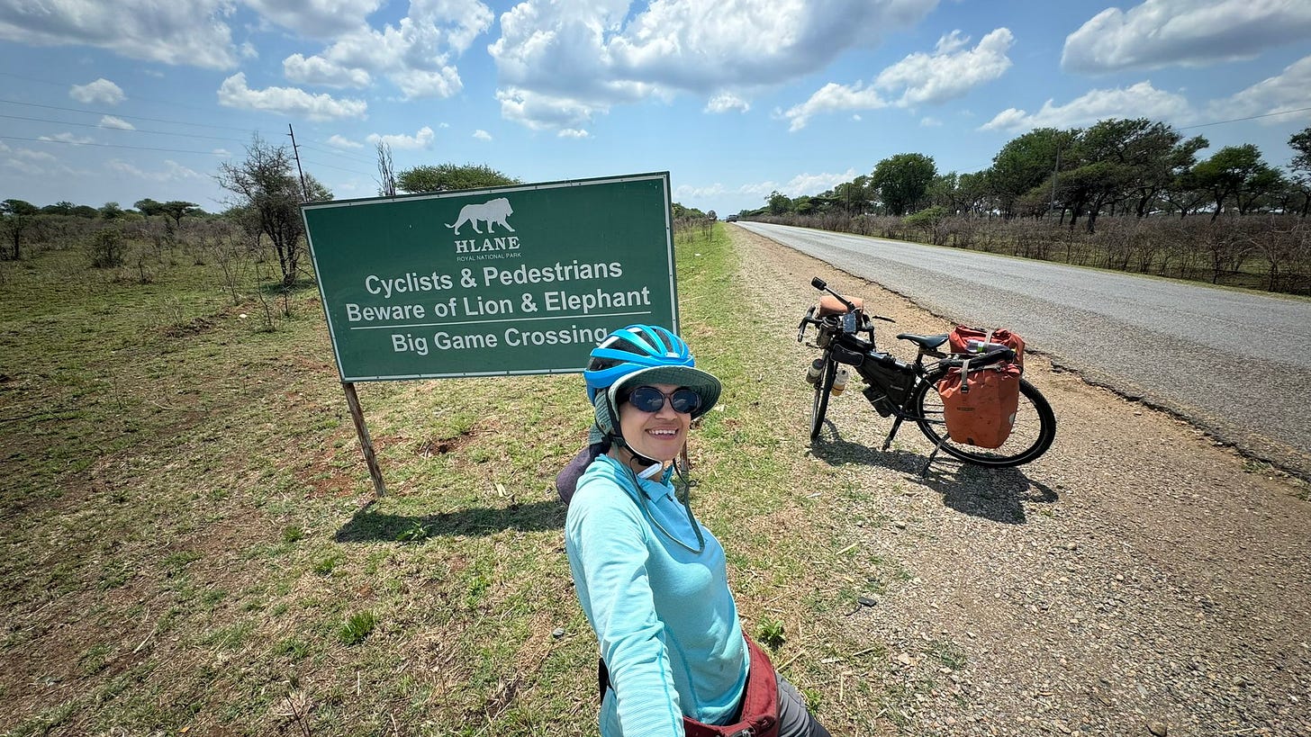 Cycliste devant un panneau indiquant de faire attention aux lions et elephants