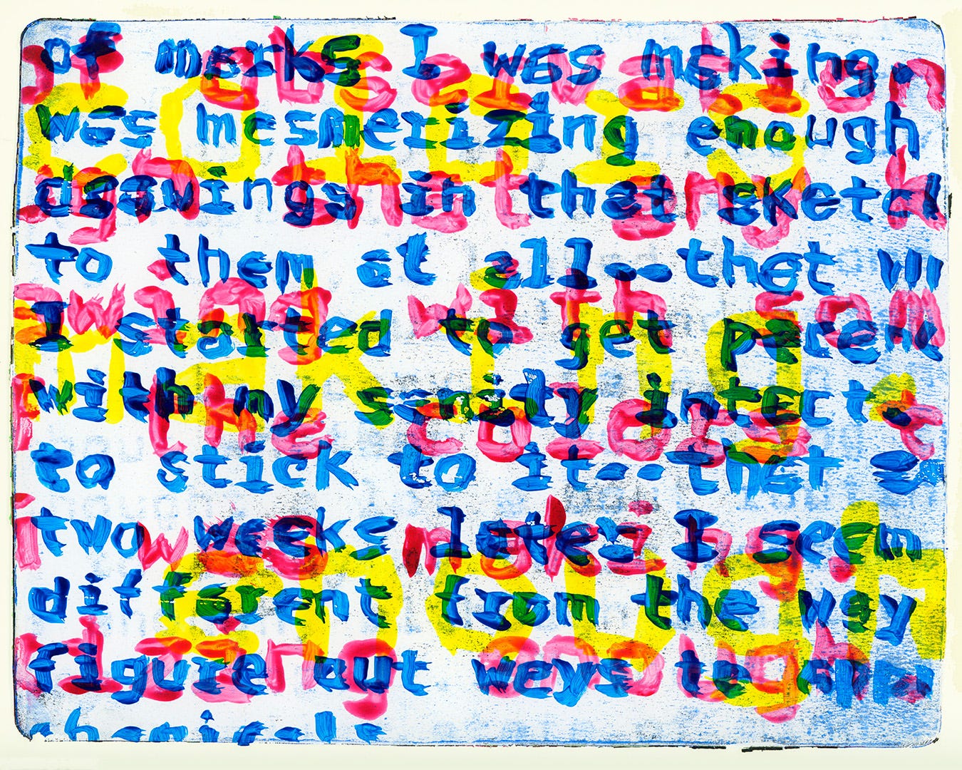 Red, yellow, and blue text of different scales on a white background