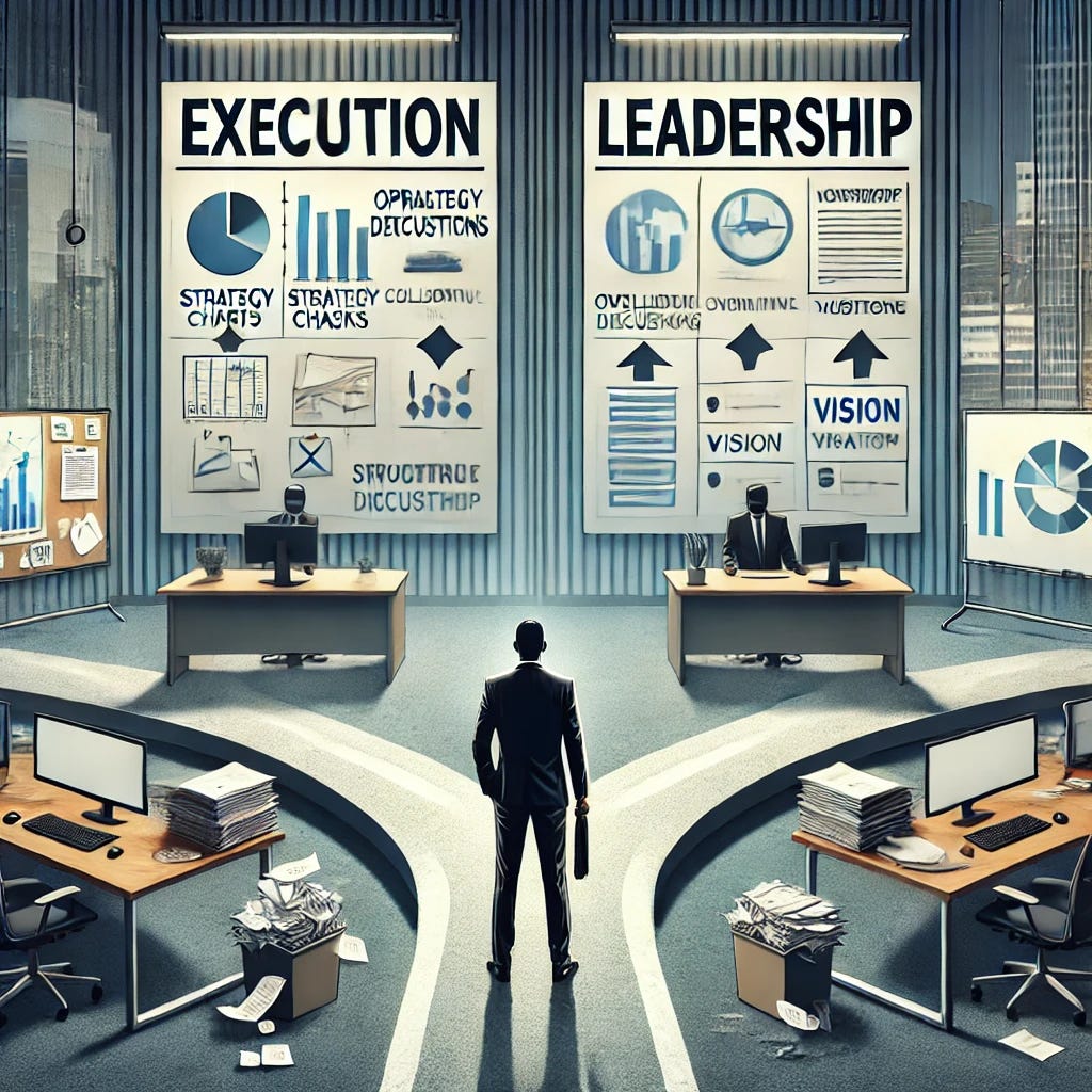 A conceptual digital illustration depicting the transition from execution to leadership in a corporate environment. A professional stands at a symbolic crossroads. One path leads to an executive office with strategy charts, collaborative discussions, and a structured vision board. The other path leads back to a cluttered desk filled with operational tasks, overwhelming paperwork, and notifications piling up. The figure appears hesitant, symbolizing the challenge of stepping out of execution into leadership. The background features a modern office setting with a clear visual contrast between structured management and chaotic execution.