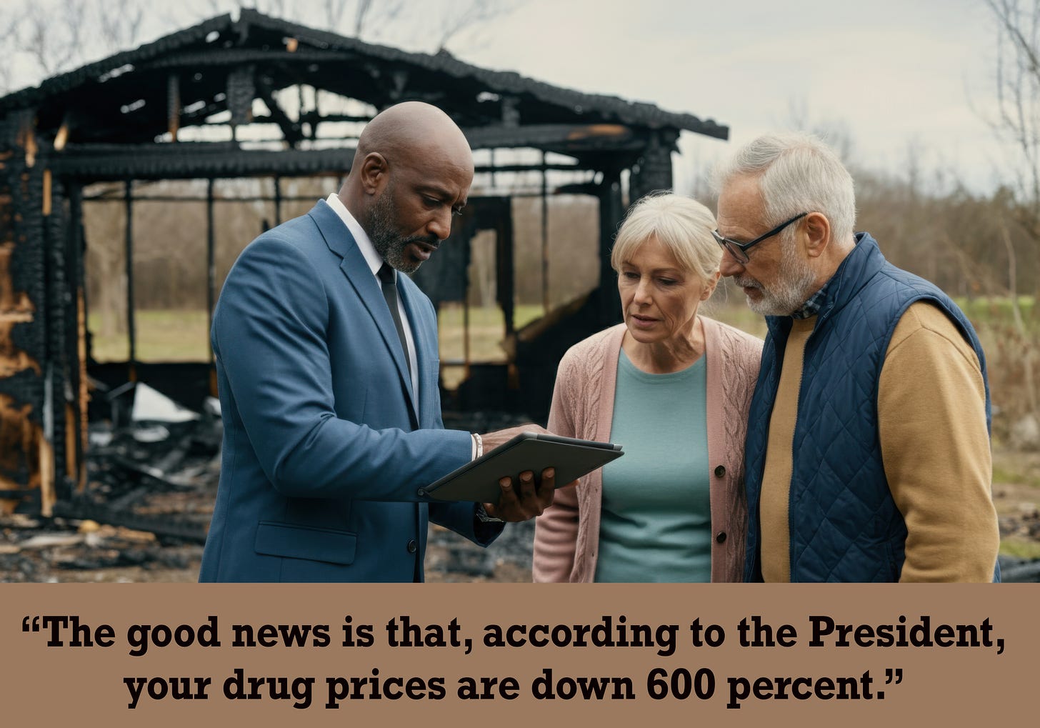 Insurance guy assisting homeowners in front of their ruined house. The insurance guy is saying, 'The good news is that, according to the President, your drug prices are down 600 percent.' Insurance guy assisting homeowners in front of their ruined house. The insurance guy is saying, 'The good news is that, according to the President, your drug prices are down 600 percent.'