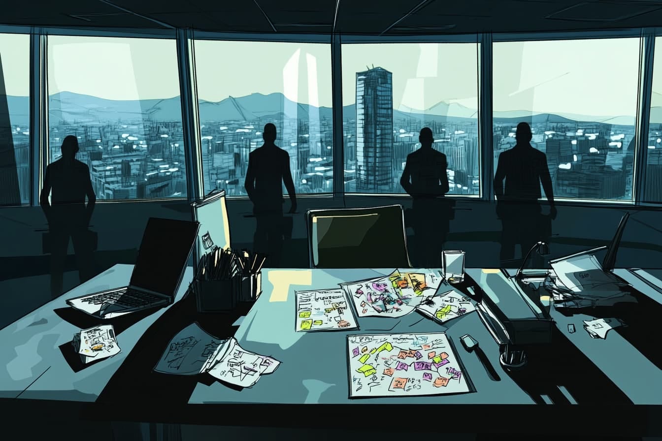 graphic novel illustration of an office in a skyscraper. Four figures are looking out the window in front of a messy desk.