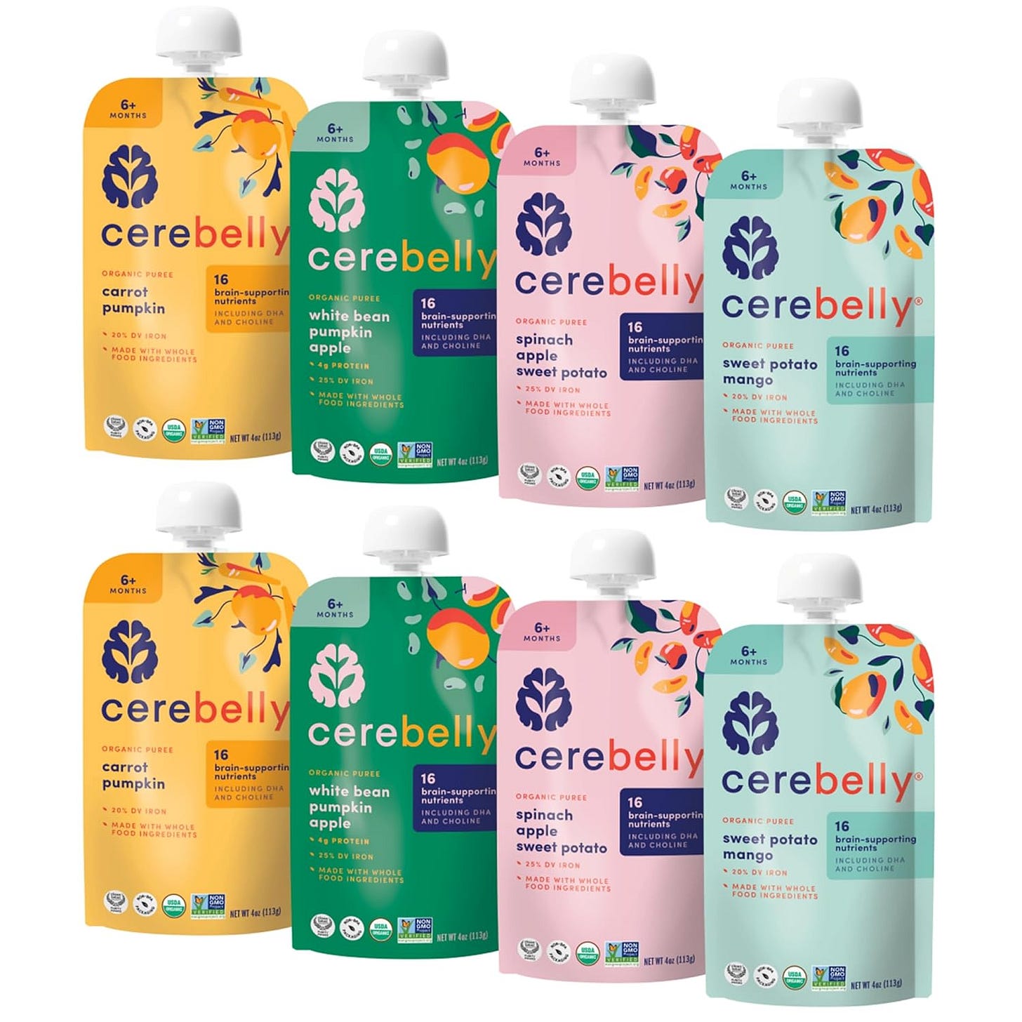 8 pack of Cerebelly Organic Baby Food Pouches Variety Pack on white background 8 pack of Cerebelly Organic Baby Food Pouches Variety Pack on white background