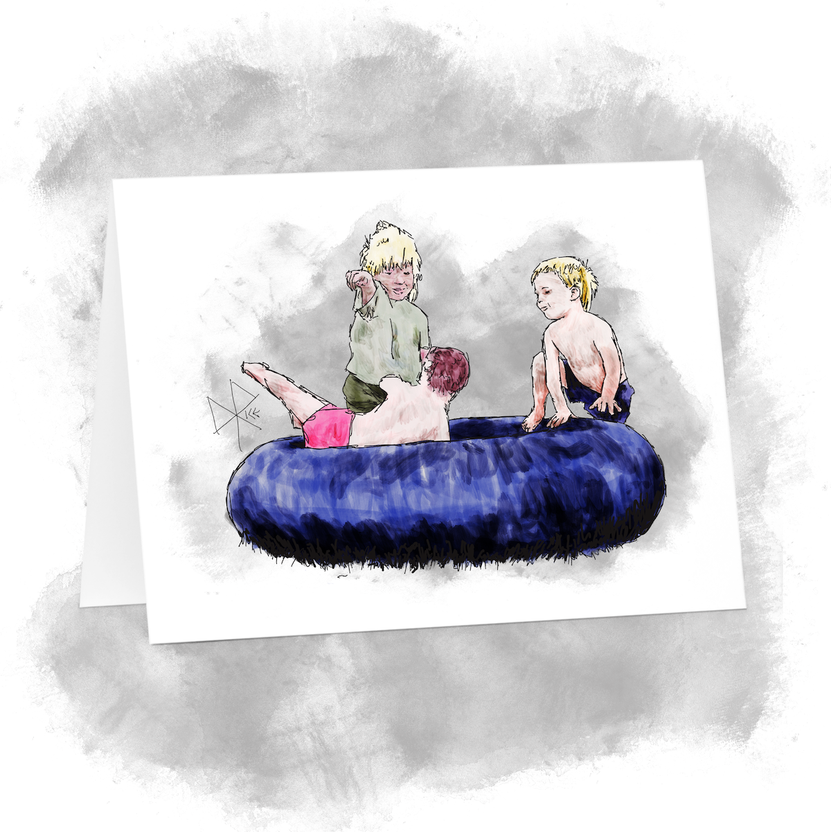 Three children playing on an industrial inner tube, in a backyard on a sunny summer day. Sketch art by Don Rice.