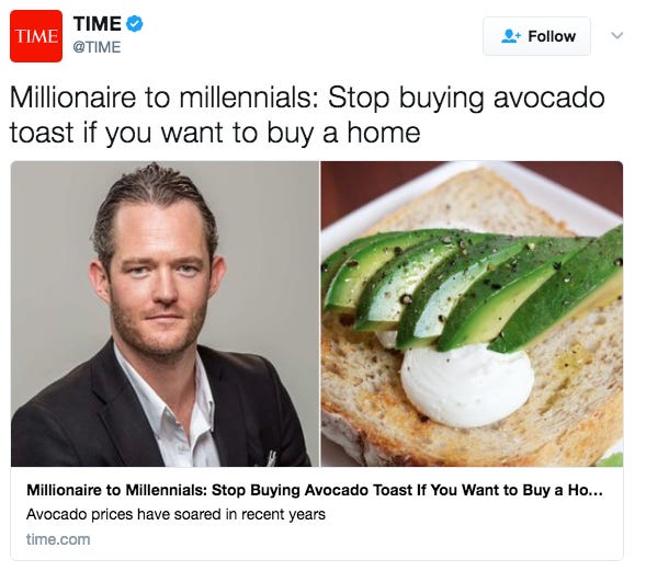 Time tweeted "Millionaire to millennials: stop buying avocado toast if you want to buy a house"