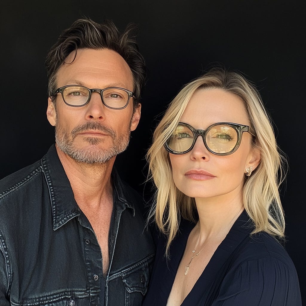 Mark and Samantha, hosts of The Liat Show Podcast, reimagined by MidJourney, wearing stylish glasses and dark clothing, set against a black background.