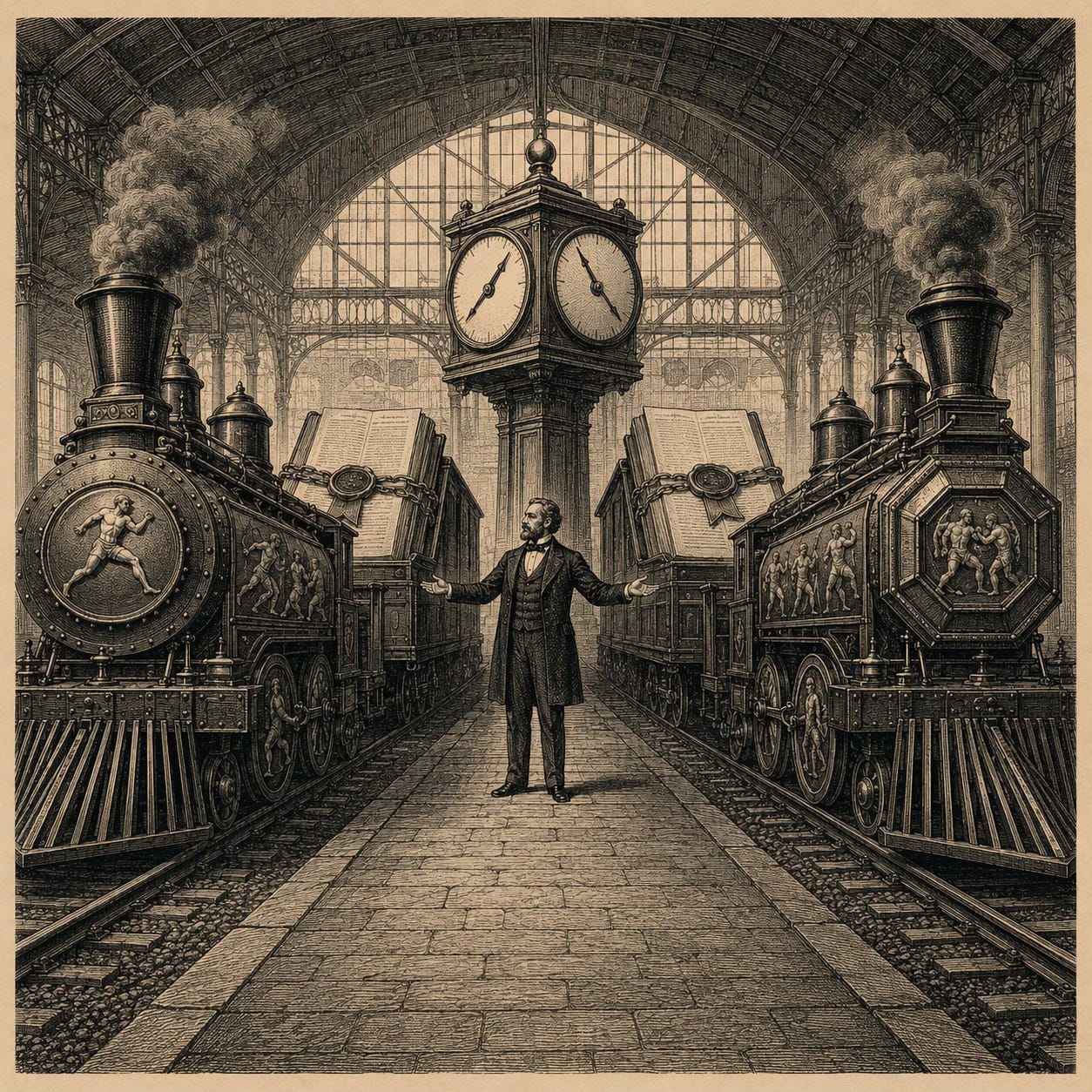 Wood-engraving editorial illustration in the Thomas Nast Harper's Weekly style for Attention Capital's essay How WWE Sold the Same Audience Four Times. A Victorian train station interior holds two parallel locomotives pulling freight cars in opposite directions, each freight car carrying a single bound contract sealed in wax. One locomotive carries sports broadcasting motifs, the other combat sports motifs. A single executive stands on the central platform having just released both trains, beneath a numberless double-faced station clock. The image visualizes the August 2025 week in which TKO closed two of the largest rights deals in sports entertainment history: ESPN at $1.6 billion for WWE Premium Live Events and Paramount+ at $7.7 billion for UFC, both pulling from prior partners and announced inside a single business week.