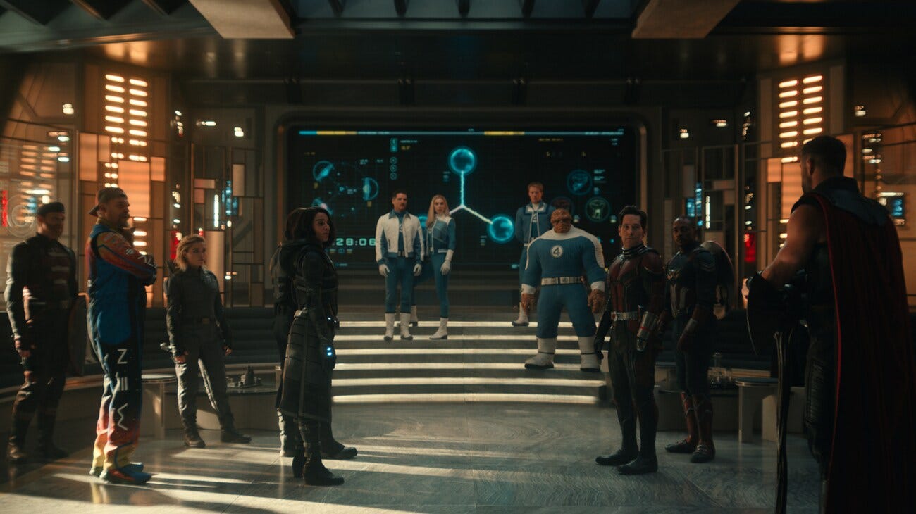 The Avengers, Fantastic Four, Wakandans and X-Men face Thor inside a futuristic headquarters in Avengers: Doomsday.