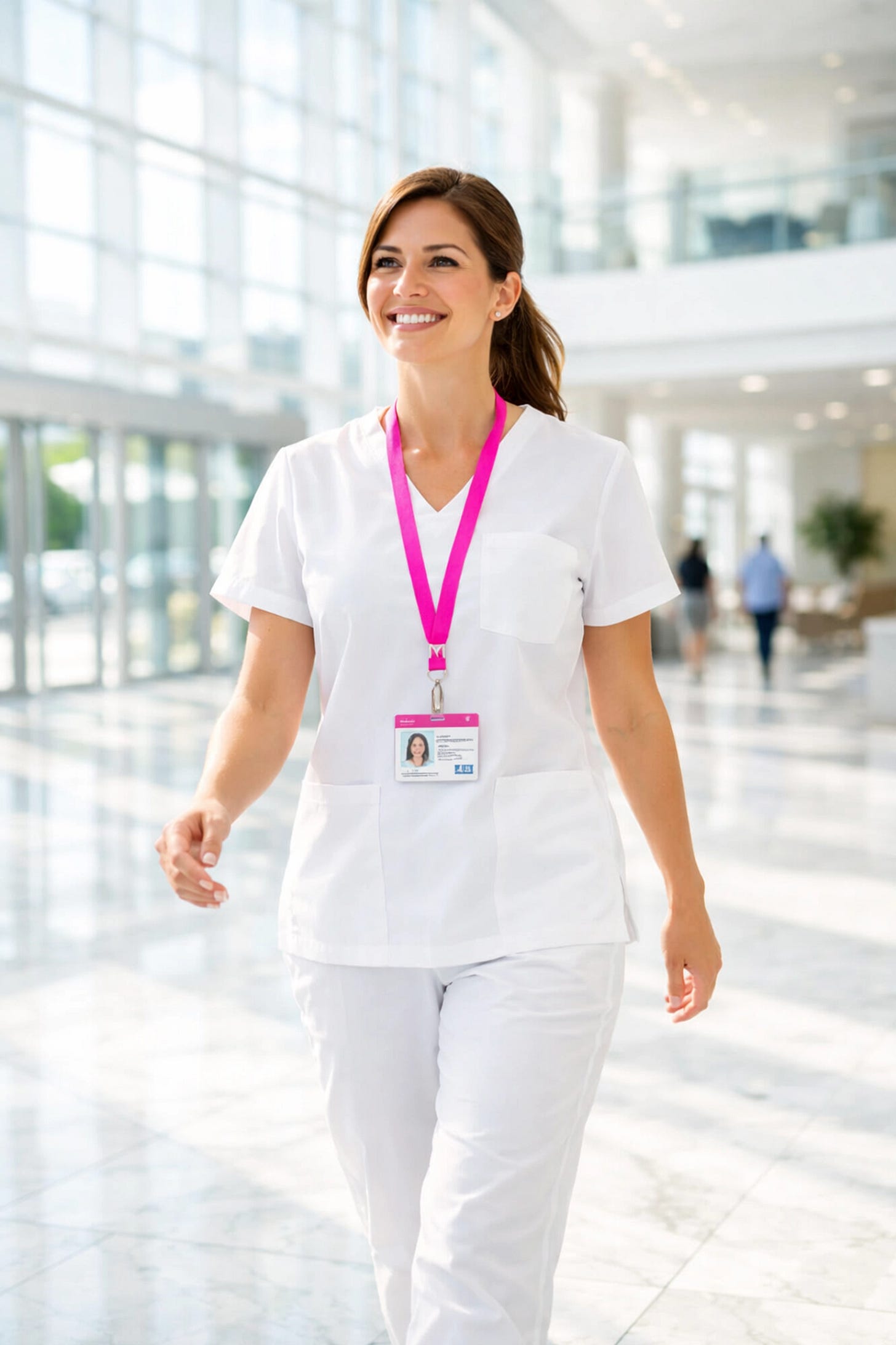 Confident nurse in white scrubs walking through a bright hospital atrium, symbolizing career growth. Confident nurse in white scrubs walking through a bright hospital atrium, symbolizing career growth.