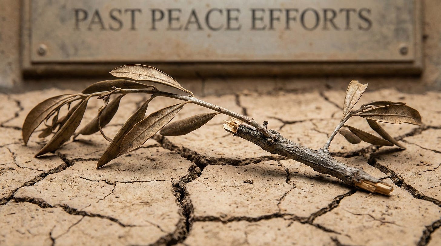 AI-generated illustration of a single olive branch lying broken in half on cracked dry ground, symbolizing the repeated failure of past peace efforts and the fragile, fractured state of current diplomacy. AI-generated illustration of a single olive branch lying broken in half on cracked dry ground, symbolizing the repeated failure of past peace efforts and the fragile, fractured state of current diplomacy.