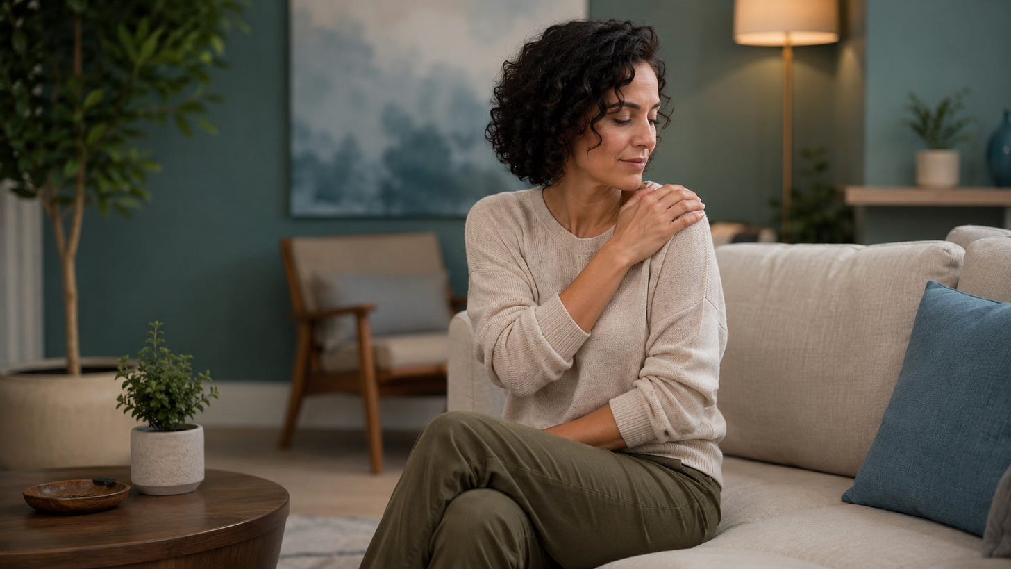 Woman noticing physical tension as a sign of emotional stuckness held in the body.