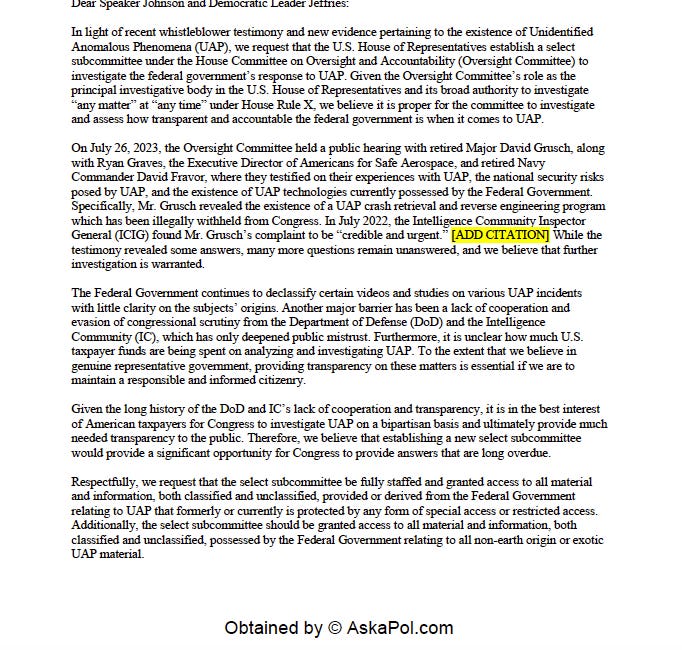 Copy of letter to Speaker Mike Johnson requesting UAP subcommittee 