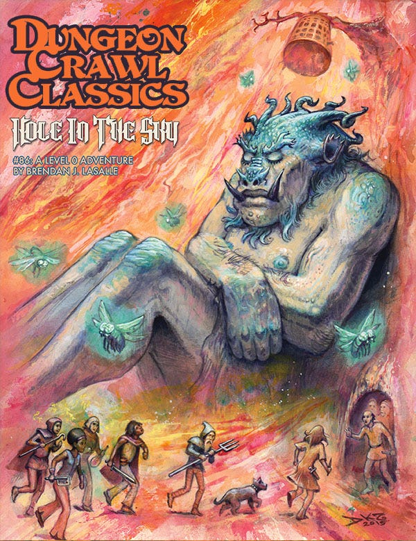 The cover of the Dungeon Crawl Classics module called "Hole in the Sky" by Brendan LaSalle. It features a painting by Doug Kovacs.